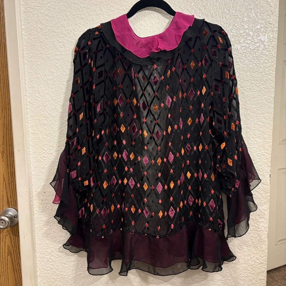 Bob Mackie Wearable Art Women's Sheer Silk Velvet Burnout Ruffle Blouse Large - Picture 2 of 5